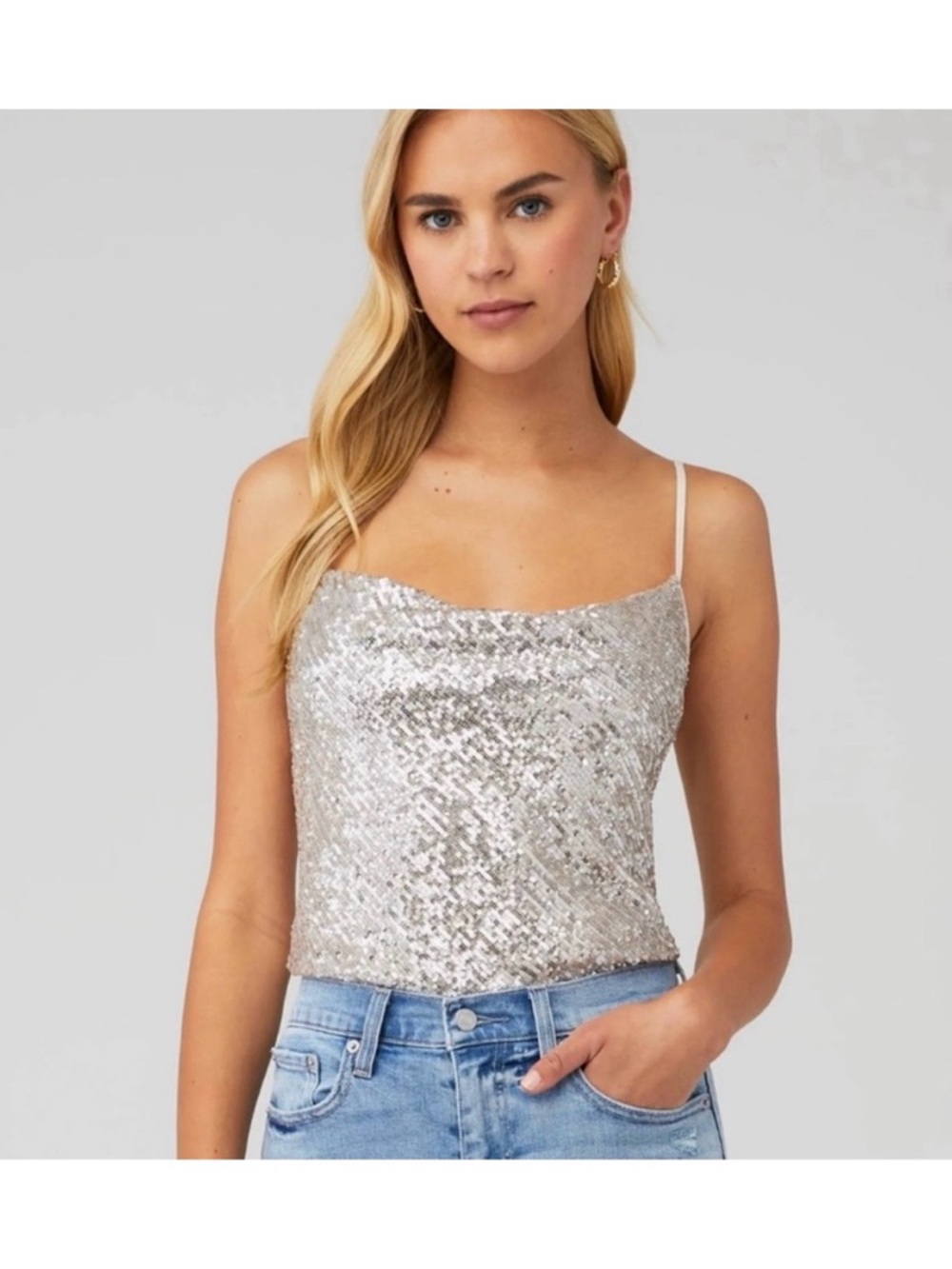 RESA Silver Sequin Draped Cowl Neck Camisole